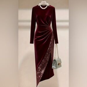 Burgundy Velvet Asymmetrical Long Dress